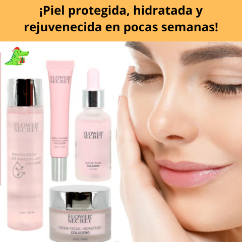 PACK DE 4 PRODUCTOS CON COLÁGENO (REMOVEDOR DE MAQUILLAJE - CREMA CONTORNO OJOS Y LABIOS - CREMA FACIAL - SERÚM FACIAL) PARA REJUVENECER Y REAVITALIZAR TU PIEL